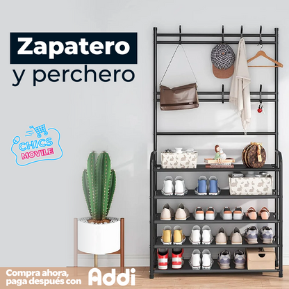 Perchero Multifuncional Con Zapatero 5 Niveles Grande 170cm Color Negro 👟🧥🏠