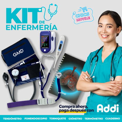 Kit de enfermería GMD Tensiómetro, Fonendoscopio + Oxímetro + Termómetro + Torniquete Elástico + Cuaderno GMD ✅🧑‍⚕️