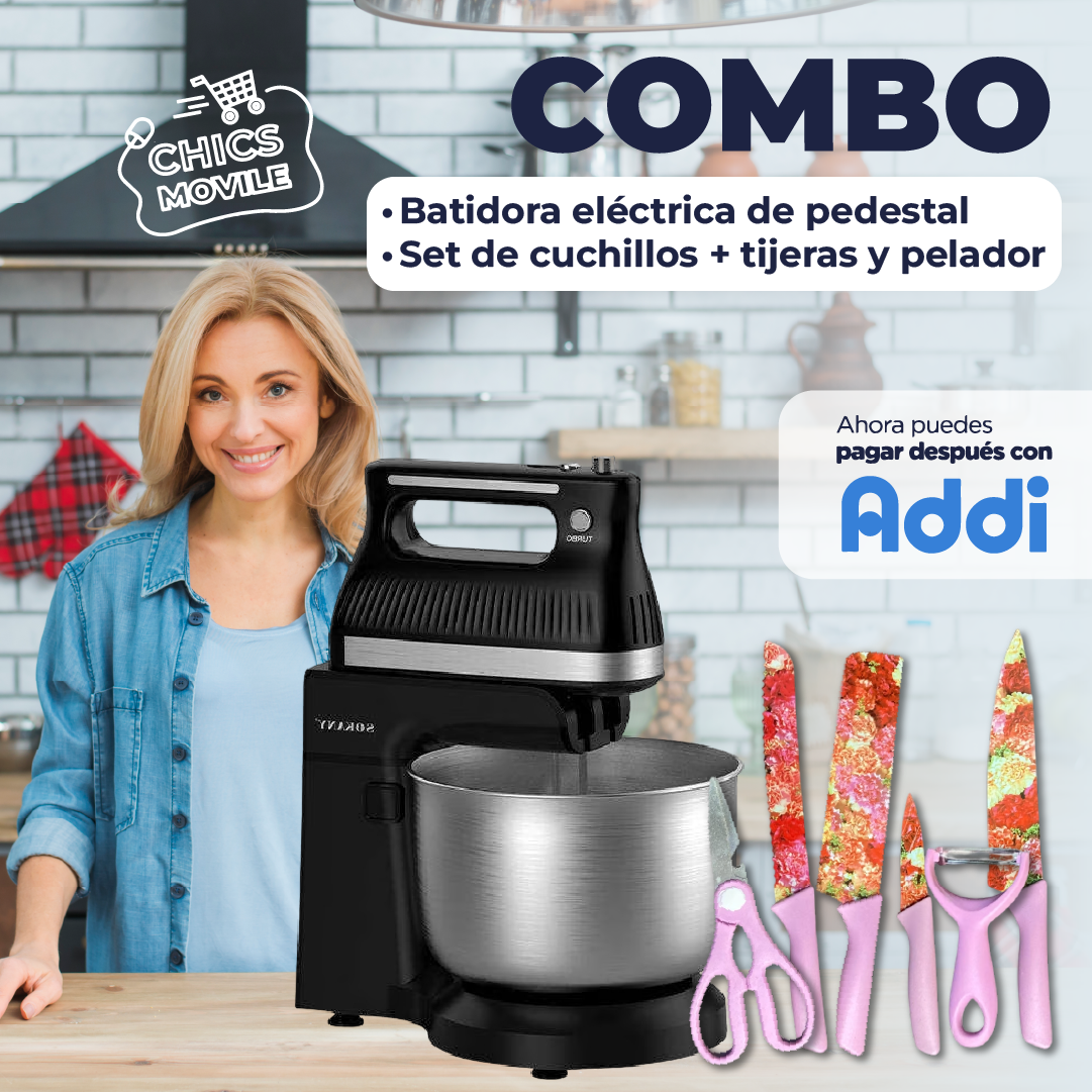 Batidora Electrica De Pedestal Tazón Sokany 4L 5 Velocidades 👨‍🍳 + Set De Cuchillos