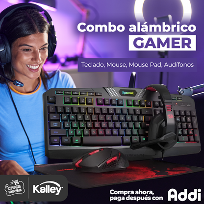 Combo KALLEY Alámbrico Gaming Teclado + Audífonos + Mouse 🎮🖥️🧒🏻