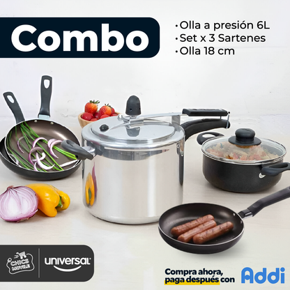 Combo UNIVERSAL Olla a Presión 6Lts + Batería de Ollas X 4 Unidades 👨‍🍳🍳