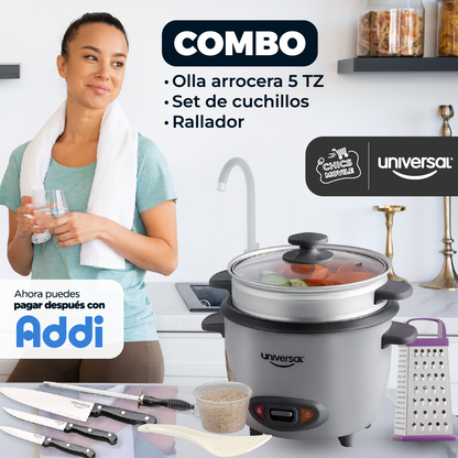 Combo UNIVERSAL Olla Arrocera UNIVERSAL 5 Tazas + Set De Cuchillos + Rallador  👨‍🍳🔪🍚