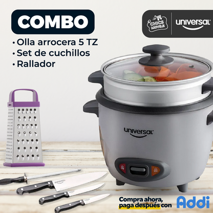 Combo UNIVERSAL Olla Arrocera UNIVERSAL 5 Tazas + Set De Cuchillos + Rallador  👨‍🍳🔪🍚