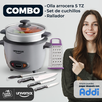 Combo UNIVERSAL Olla Arrocera UNIVERSAL 5 Tazas + Set De Cuchillos + Rallador  👨‍🍳🔪🍚