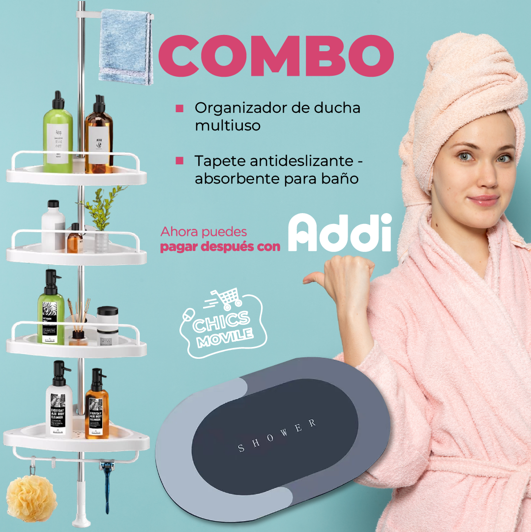 Combo de Baño: Organizador De Ducha Multiuso + Tapete Antideslizante Baño Absorbente 🫧