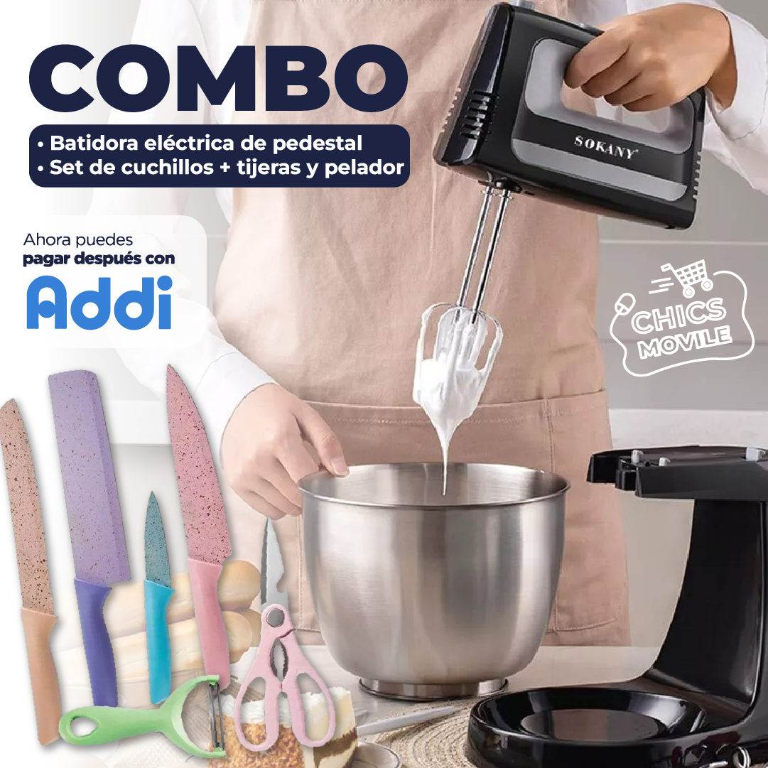 Batidora Electrica De Pedestal Tazón Sokany 4L 5 Velocidades 👨‍🍳 + Set De Cuchillos