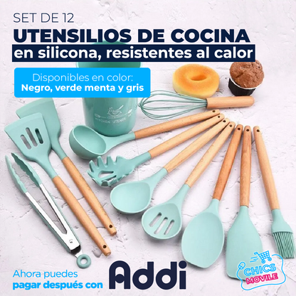 Set 12 Utensilios De Cocina Silicona Resistente Calor 👨‍🍳🍳