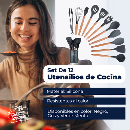 Set 12 Utensilios De Cocina Silicona Resistente Calor 👨‍🍳🍳