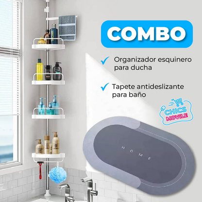 Combo de Baño: Organizador De Ducha Multiuso + Tapete Antideslizante Baño Absorbente 🫧